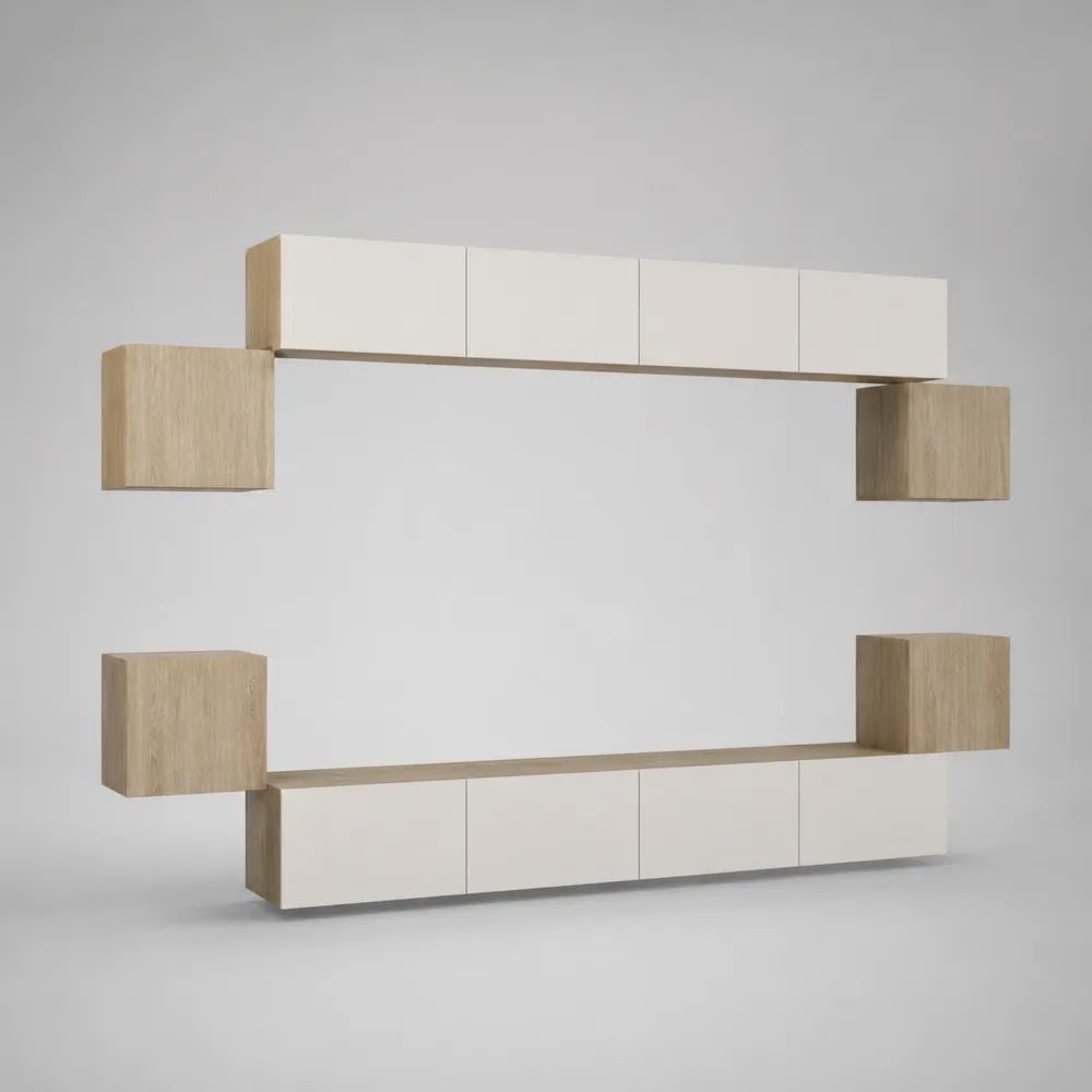 Parete attrezzata TV sospesa in truciolare melaminico, set 8 elementi, bianco opaco e rovere naturale, 280 x 40 x 200 cm