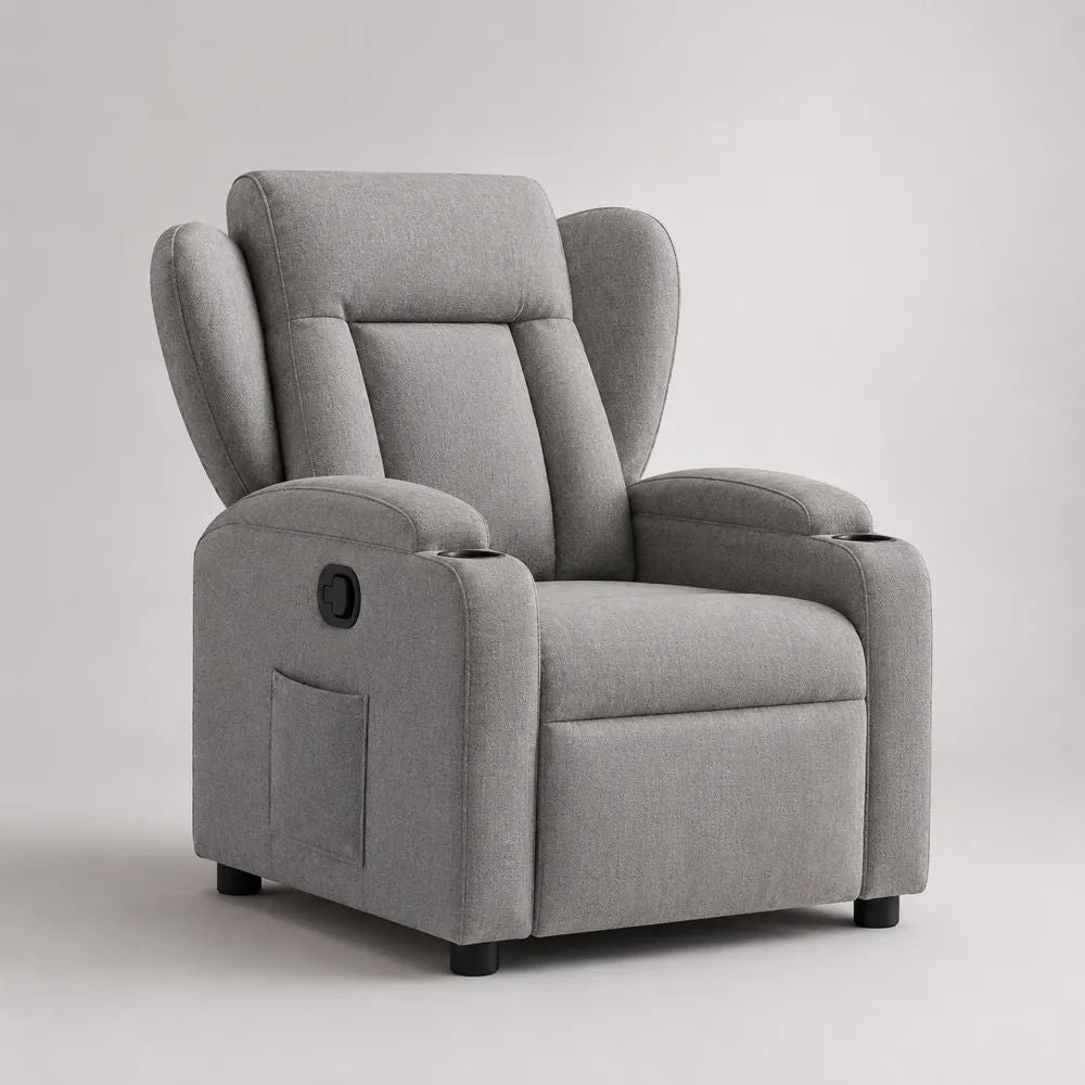 Poltrona reclinabile manuale in tessuto con schienale ad ali e 2 portabicchieri, grigio chiaro, 90 × 92 × 105 cm