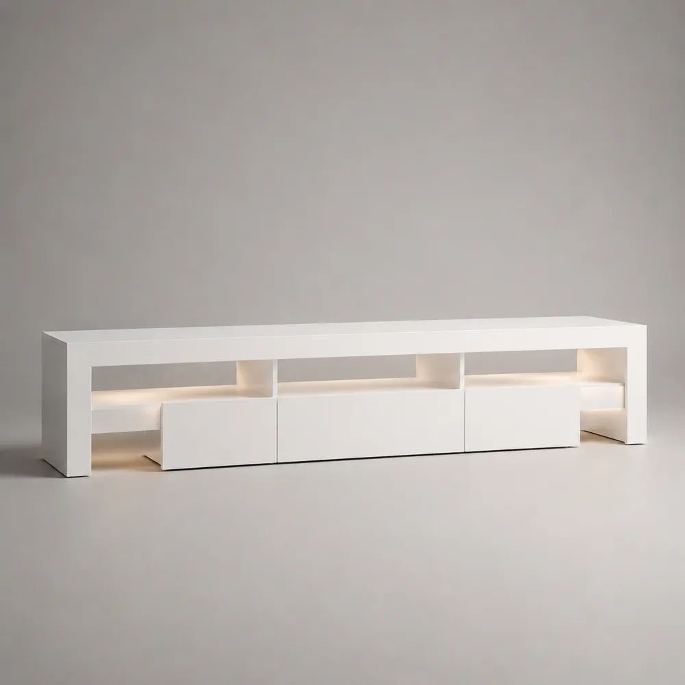 Mobile TV basso bianco opaco con illuminazione LED, vani aperti e ante, in MDF e truciolare, 220 x 40 x 55 cm