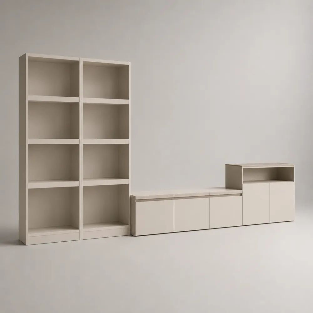Set parete attrezzata con mobile TV, 2 librerie e credenza in truciolare melaminico bianco caldo e tortora, 270 × 40 × 180 cm