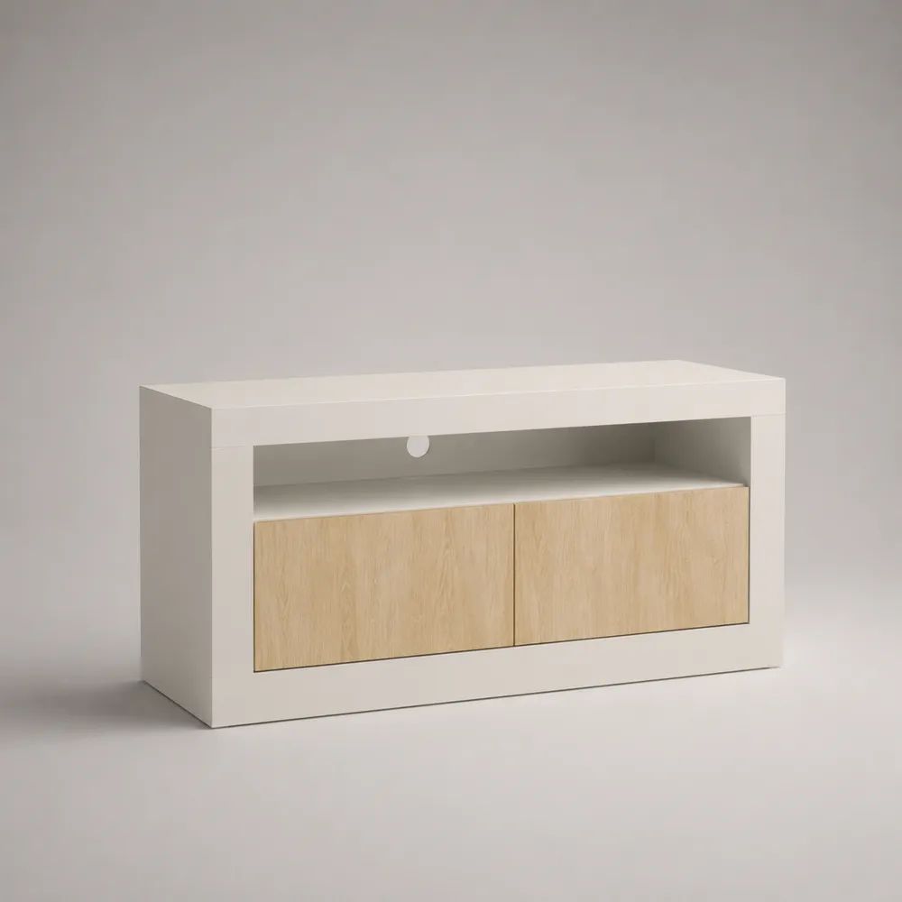Credenza bassa rettangolare in legno con 2 ante e vano aperto, bianco e rovere chiaro, 120 x 40 x 70 cm