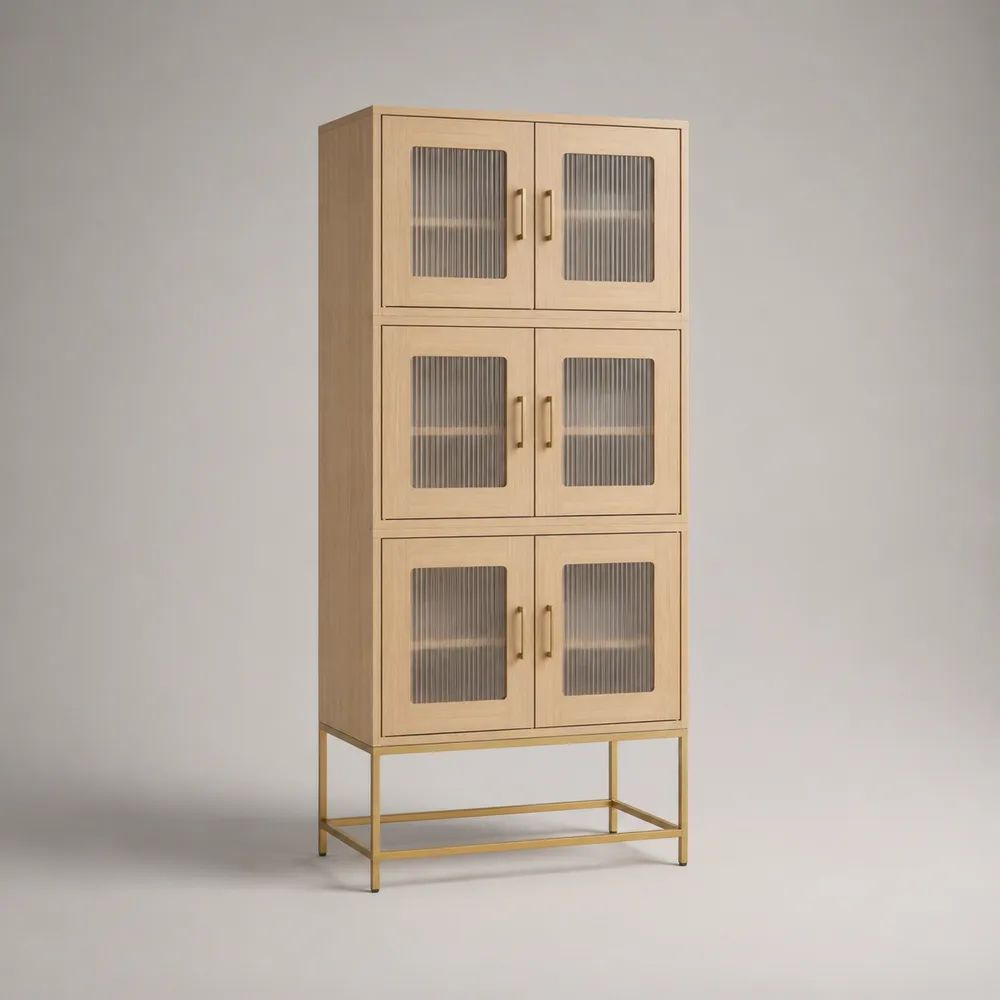 Credenza alta rettangolare a 6 ante in MDF impiallacciato rovere, vetro scanalato e acciaio, Rovere naturale/Grigio fumé/Ottone, 80 × 40 × 180 cm