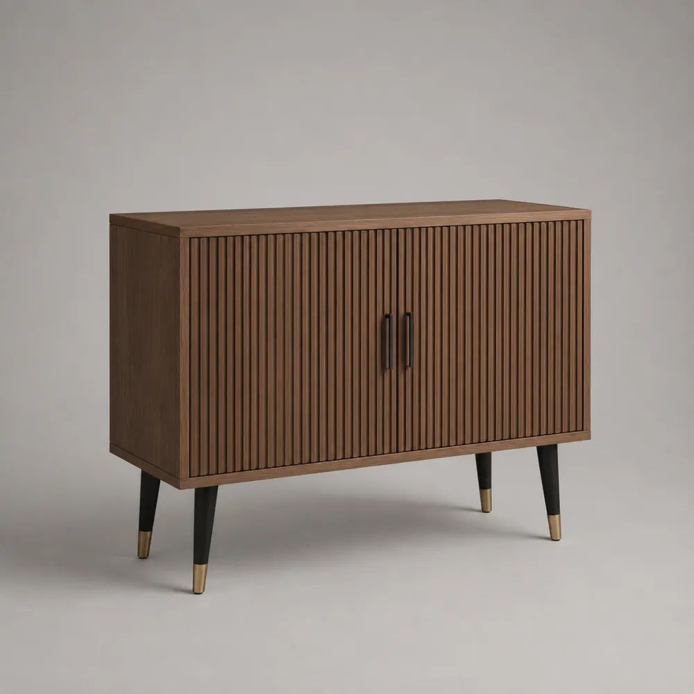 Credenza rettangolare da soggiorno a 2 ante in MDF impiallacciato noce, marrone, 120 × 40 × 85 cm