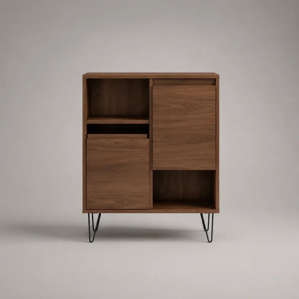 Credenza alta rettangolare in MDF impiallacciato noce con 2 ante, 2 vani aperti e gambe in acciaio nero, 90 x 40 x 120 cm