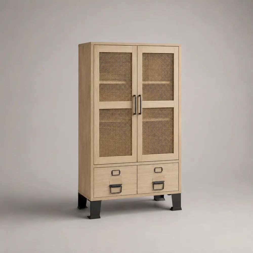 Credenza alta rettangolare in MDF impiallacciato rovere con 2 ante in rattan e 2 cassetti, rovere naturale e nero, 90 x 40 x 160 cm