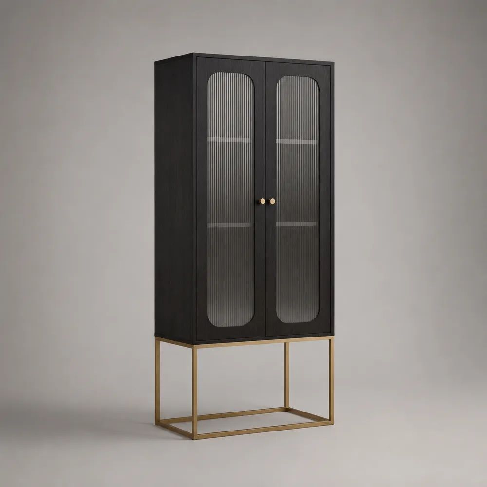 Vetrina credenza alta a 2 ante in legno con vetro scanalato e base in acciaio, nero e ottone, 80 × 40 × 180 cm