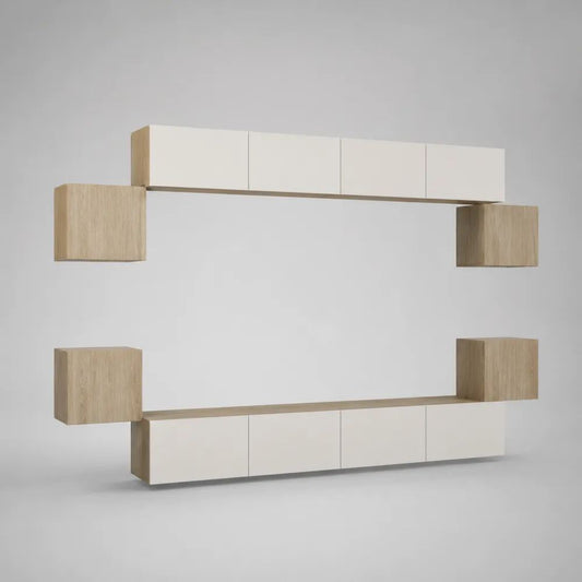 Parete attrezzata TV sospesa in truciolare melaminico, set 8 elementi, bianco opaco e rovere naturale, 280 x 40 x 200 cm