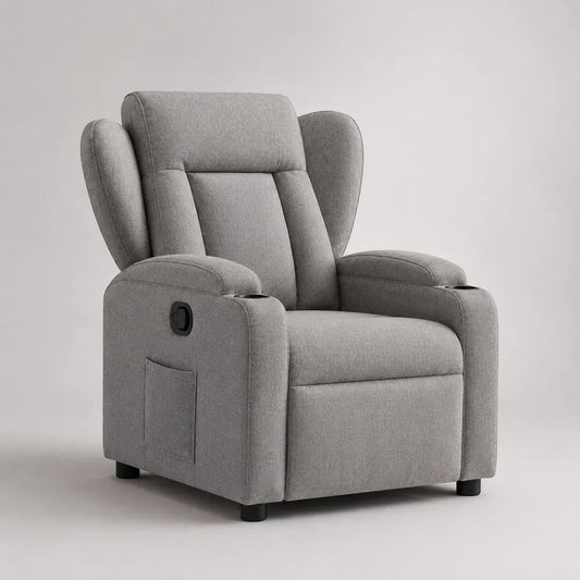 Poltrona reclinabile manuale in tessuto con schienale ad ali e 2 portabicchieri, grigio chiaro, 90 × 92 × 105 cm