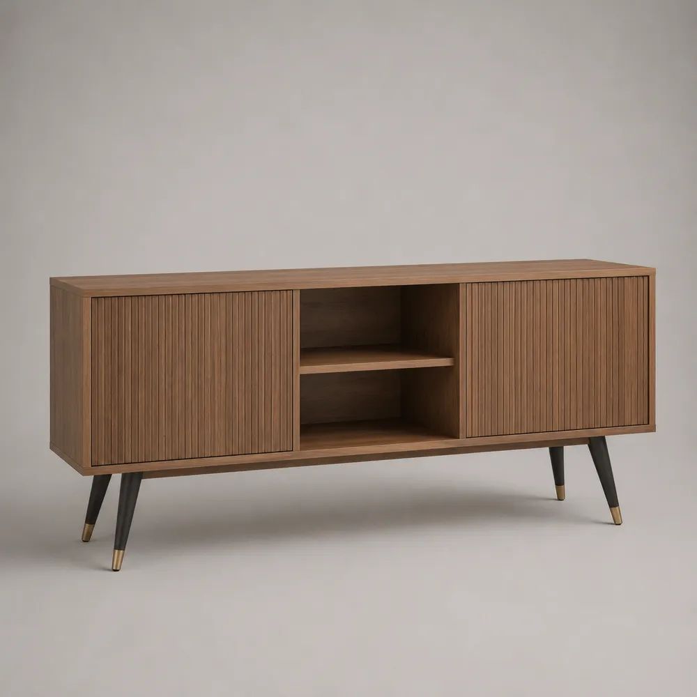 Mobile TV basso in MDF e truciolare effetto noce con 2 ante e 2 vani aperti, 160 x 40 x 75 cm, marrone
