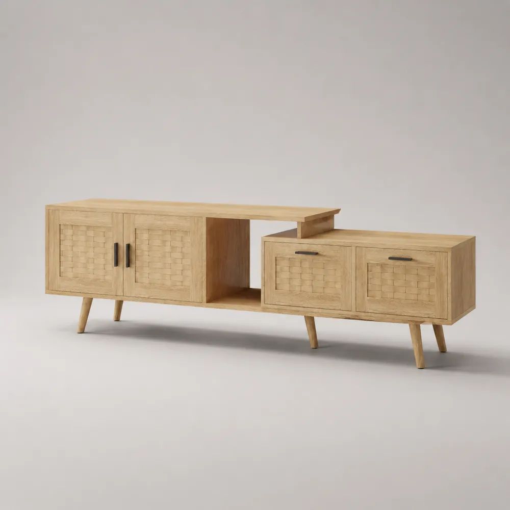Mobile TV estensibile in MDF impiallacciato rovere e rattan naturale, 160-220 x 40 x 60 cm, rovere naturale