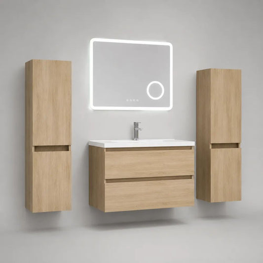 Set di mobili da bagno sospesi 5 pezzi in MDF rovere naturale e bianco, base 80 x 46 x 55 cm, lavabo in ceramica, specchio LED 70 x 60 cm e 2 colonne 30 x 25 x 140 cm