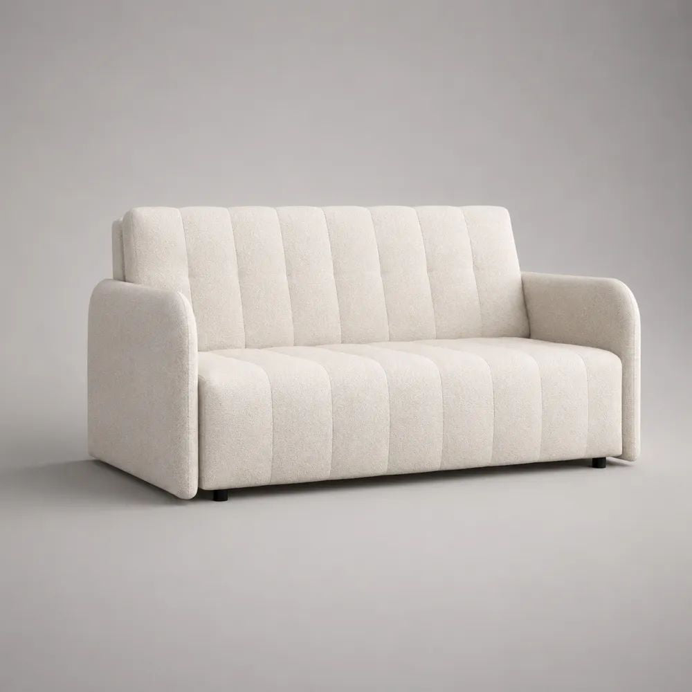 Divano 2 posti in tessuto bouclé bianco crema con braccioli arrotondati, 155 × 82 × 86 cm