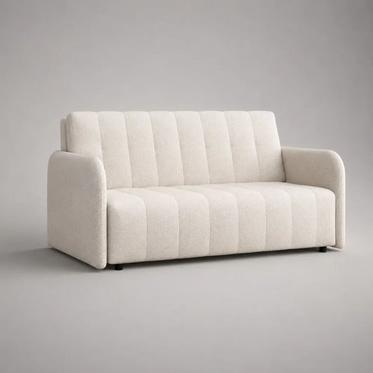 Divano 2 posti in tessuto bouclé bianco crema con braccioli arrotondati, 155 × 82 × 86 cm