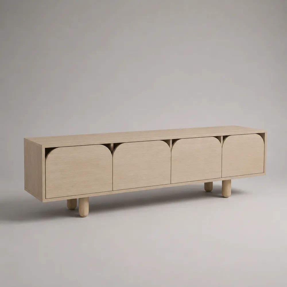 Mobile TV rettangolare a 4 ante in MDF impiallacciato rovere naturale con gambe in legno massello, 180 x 40 x 65 cm