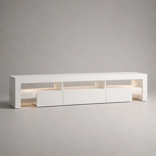 Mobile TV basso bianco opaco con illuminazione LED, vani aperti e ante, in MDF e truciolare, 220 x 40 x 55 cm