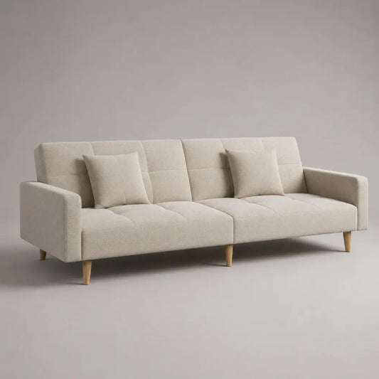 Divano 3 posti beige in poliestere con imbottitura in schiuma e gambe in faggio, 205 x 82 x 83 cm