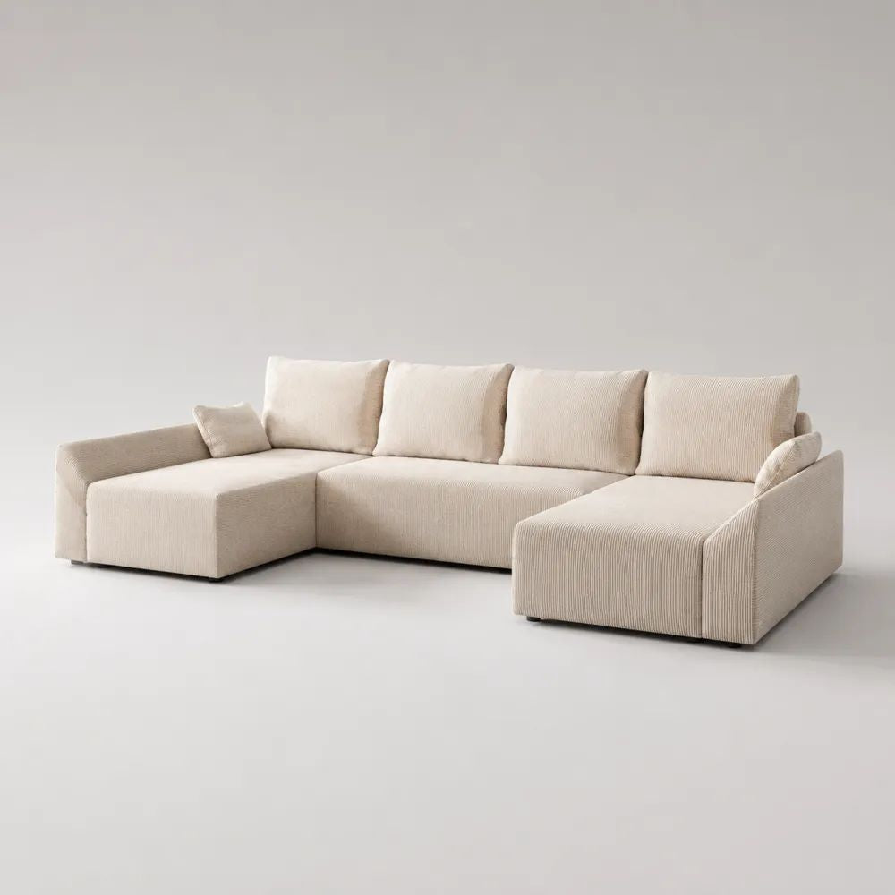 Divano angolare modulare a U a 4 posti, composto da 3 moduli, in velluto a coste di poliestere beige, 330 × 160 × 85 cm
