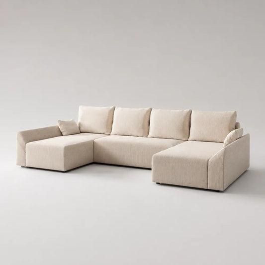 Divano angolare modulare a U a 4 posti, composto da 3 moduli, in velluto a coste di poliestere beige, 330 × 160 × 85 cm