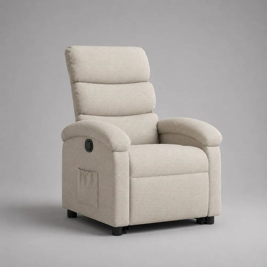 Poltrona reclinabile manuale imbottita in tessuto beige con dettagli neri, 82 × 92 × 105 cm