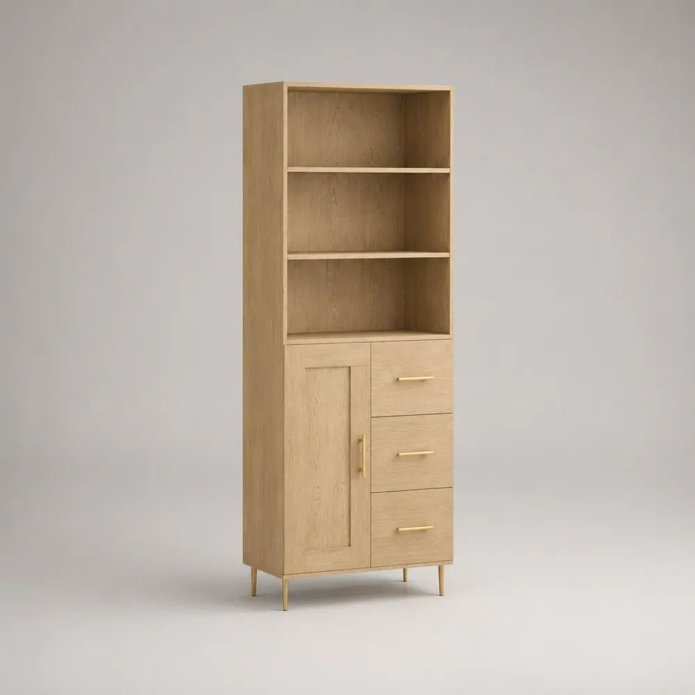Credenza alta rettangolare con scaffale, 1 anta e 3 cassetti in MDF effetto rovere naturale e dettagli oro, 80 × 40 × 190 cm