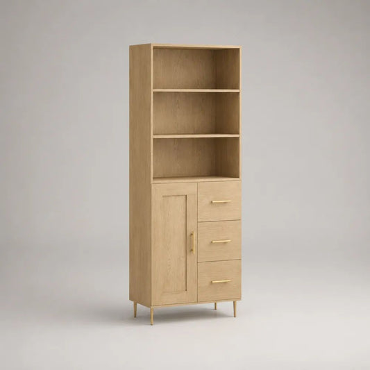 Credenza alta rettangolare con scaffale, 1 anta e 3 cassetti in MDF effetto rovere naturale e dettagli oro, 80 × 40 × 190 cm