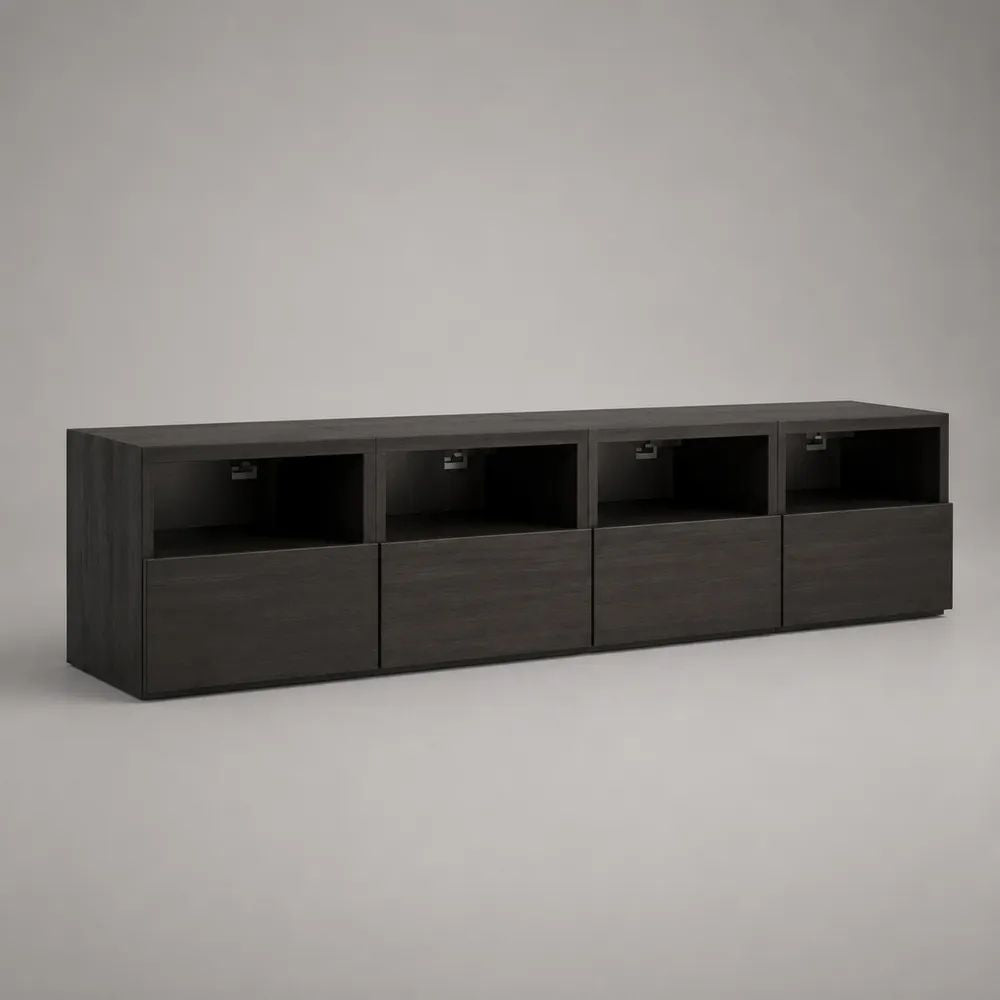Mobile TV basso rettangolare in truciolare melaminico marrone scuro con 4 vani aperti e 4 ante, 200 x 40 x 55 cm