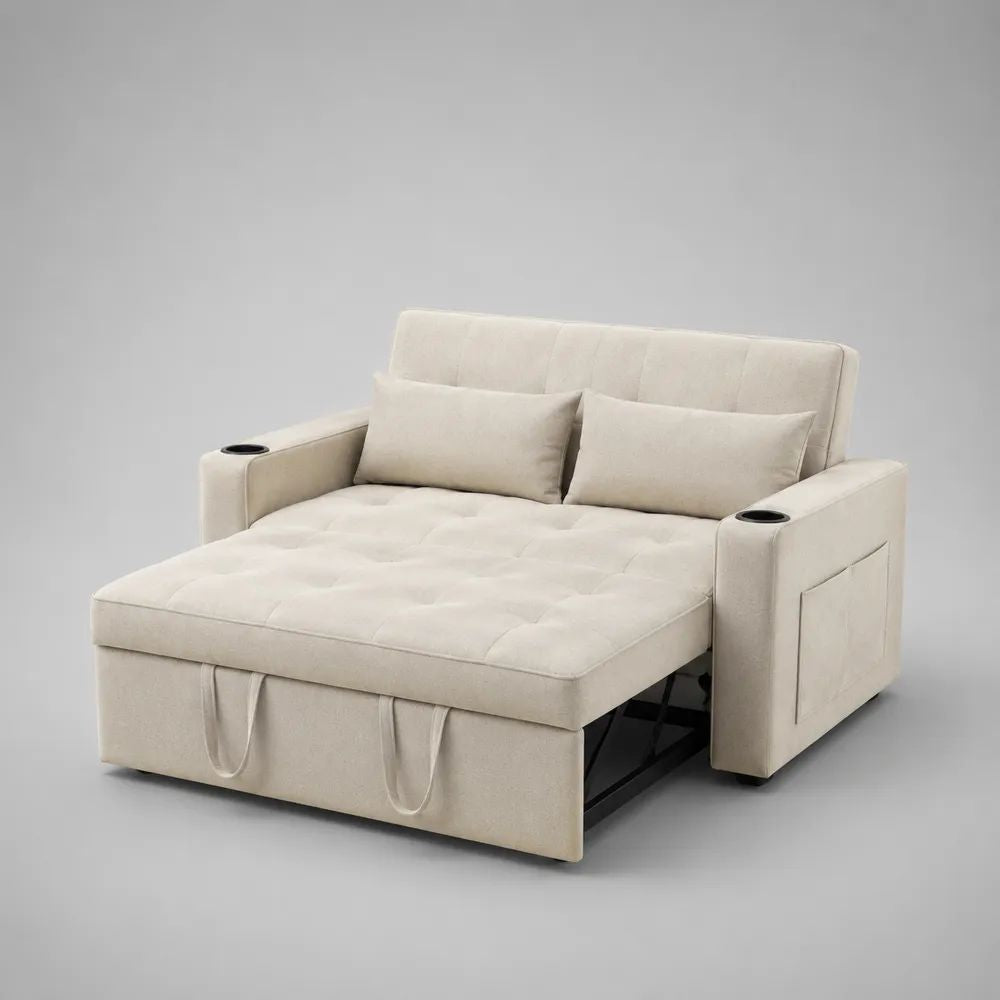 Divano letto estraibile a 2 posti in tessuto beige con 2 portabicchieri, 152 x 88 x 84 cm, superficie letto 120 x 174 cm