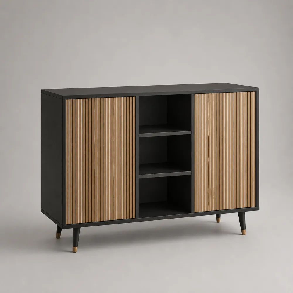 Credenza rettangolare in legno a 2 ante con 3 vani aperti, nero e rovere naturale, 120 x 40 x 90 cm