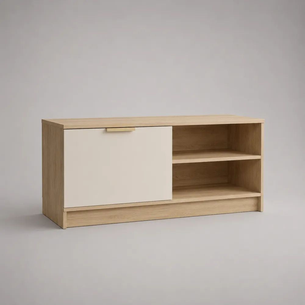 Mobile TV con anta scorrevole e 2 vani aperti in legno, rovere chiaro e bianco, 120 × 40 × 60 cm