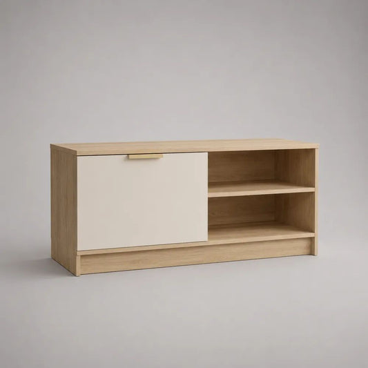 Mobile TV con anta scorrevole e 2 vani aperti in legno, rovere chiaro e bianco, 120 × 40 × 60 cm