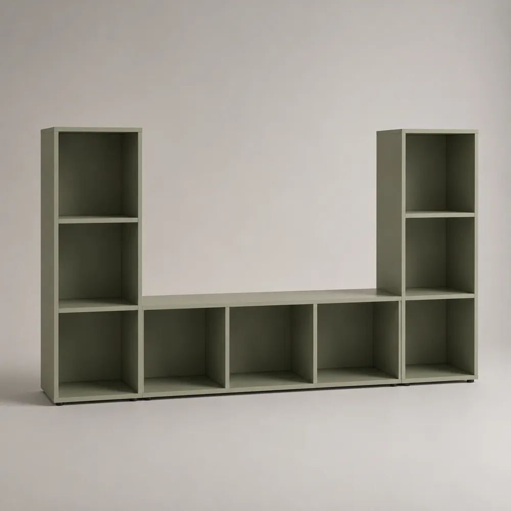 Mobile porta TV a ponte in legno con 9 vani aperti, verde salvia, 250 x 30 x 150 cm