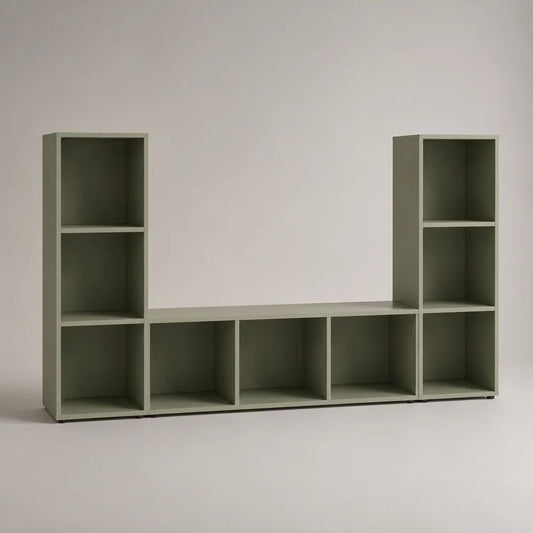 Mobile porta TV a ponte in legno con 9 vani aperti, verde salvia, 250 x 30 x 150 cm