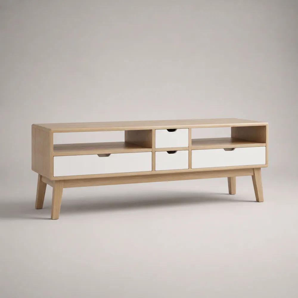 Mobile TV in legno con 4 cassetti e 2 vani aperti, rovere naturale e bianco, 120 x 40 x 55 cm