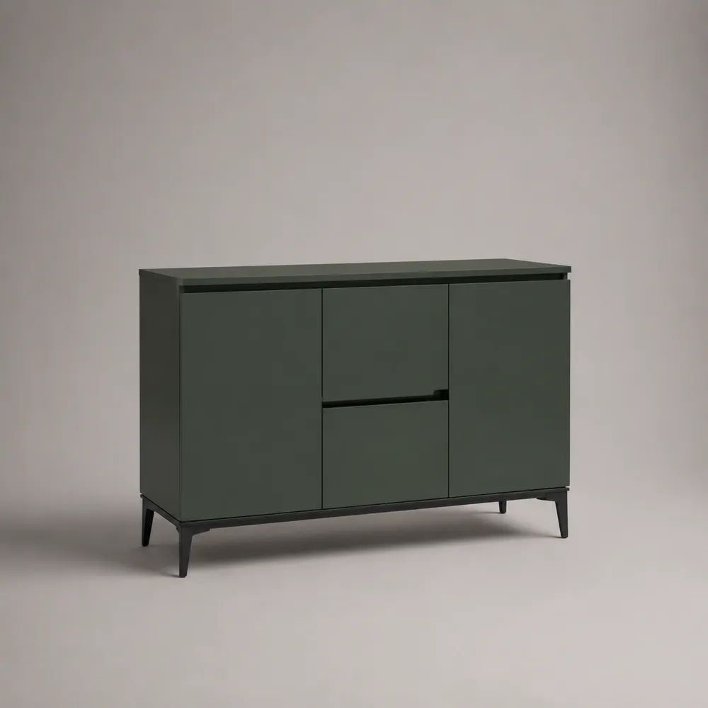 Credenza in MDF laccato e acciaio con 3 ante e 1 cassetto, verde scuro e nera, 120 x 40 x 80 cm