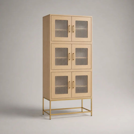 Credenza alta rettangolare a 6 ante in MDF impiallacciato rovere, vetro scanalato e acciaio, Rovere naturale/Grigio fumé/Ottone, 80 × 40 × 180 cm