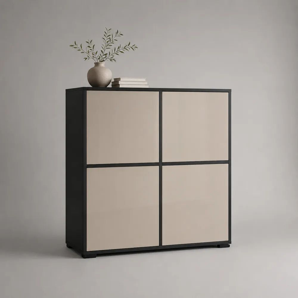 Credenza rettangolare in legno a 4 ante, beige e nero, 100 x 40 x 110 cm
