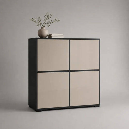 Credenza rettangolare in legno a 4 ante, beige e nero, 100 x 40 x 110 cm