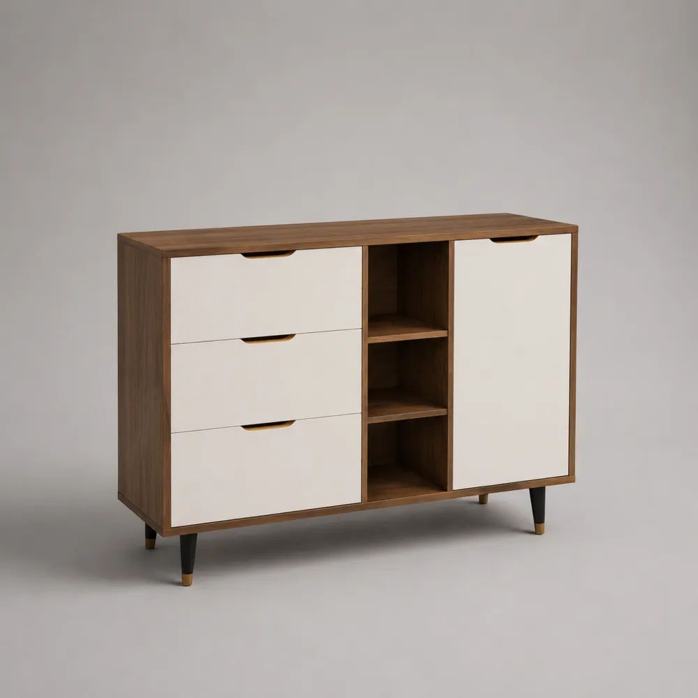 Credenza rettangolare in legno noce e bianco, con 3 cassetti, 3 vani aperti e 1 anta, 120 x 40 x 85 cm