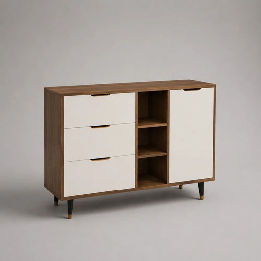 Credenza rettangolare in legno noce e bianco, con 3 cassetti, 3 vani aperti e 1 anta, 120 x 40 x 85 cm