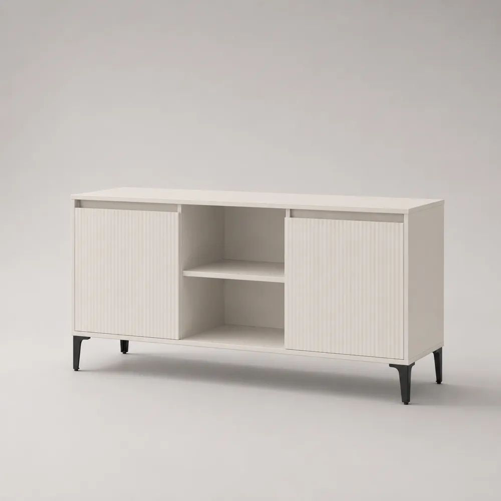Mobile TV rettangolare in truciolare melaminico e MDF con 2 ante scorrevoli e 2 vani aperti, bianco e nero, 120 x 40 x 70 cm
