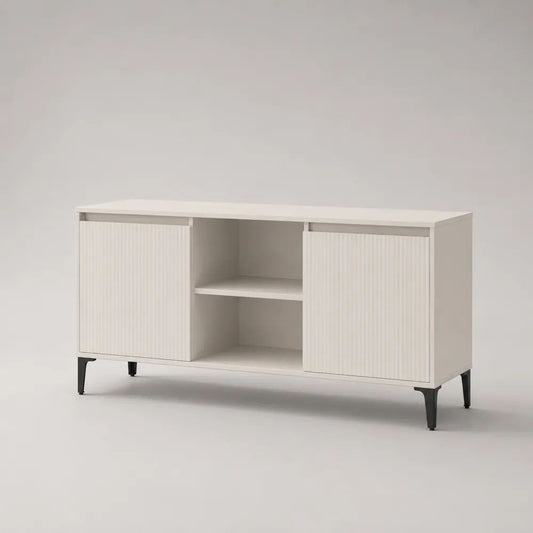 Mobile TV rettangolare in truciolare melaminico e MDF con 2 ante scorrevoli e 2 vani aperti, bianco e nero, 120 x 40 x 70 cm