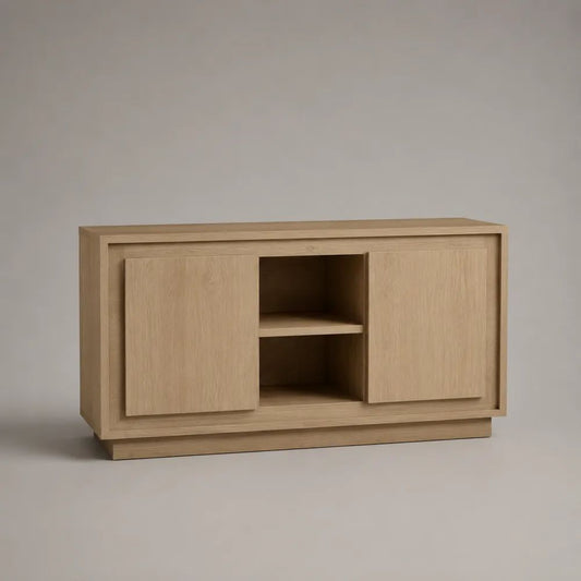 Credenza rettangolare in MDF impiallacciato rovere naturale con 2 ante e 2 vani, 140 x 40 x 80 cm