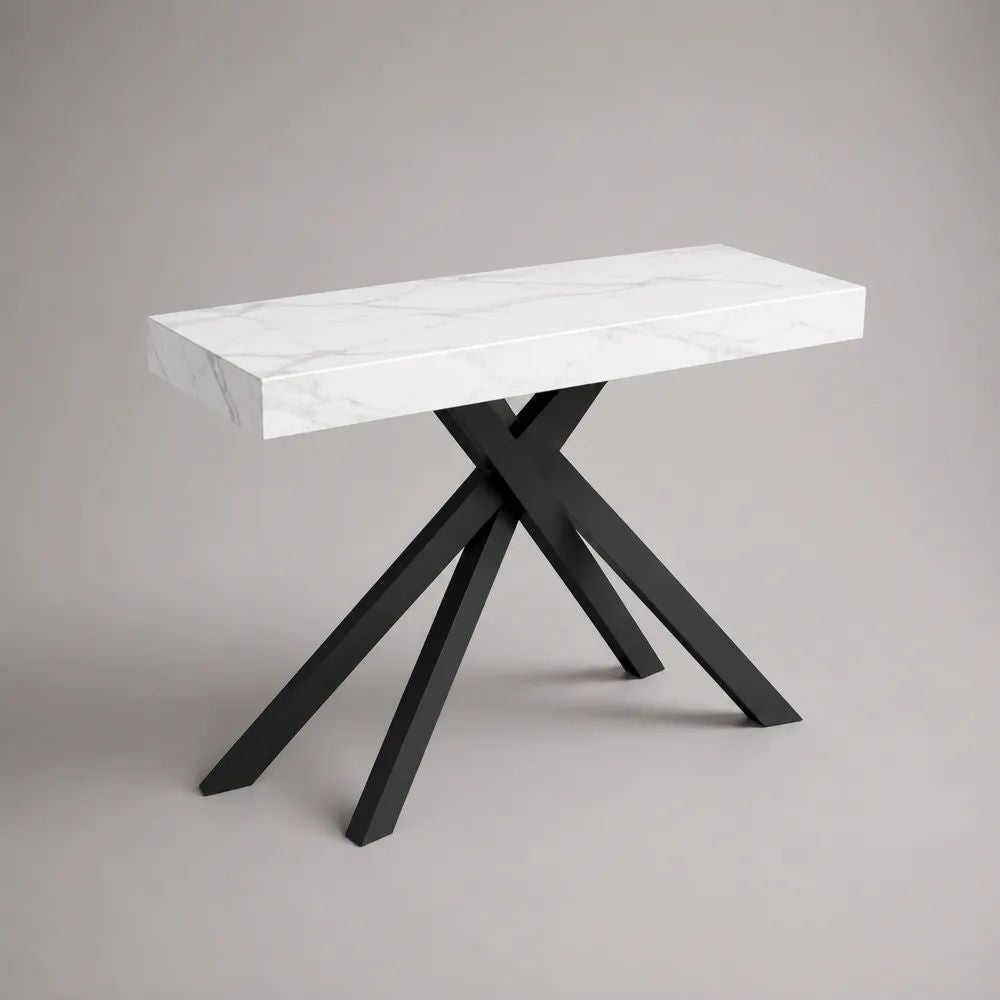 Consolle rettangolare in MDF effetto marmo bianco con gambe in acciaio nero, 120 x 35 x 80 cm