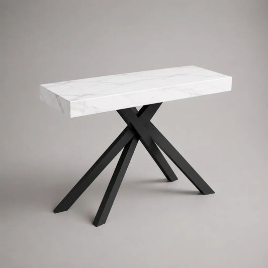 Consolle rettangolare in MDF effetto marmo bianco con gambe in acciaio nero, 120 x 35 x 80 cm
