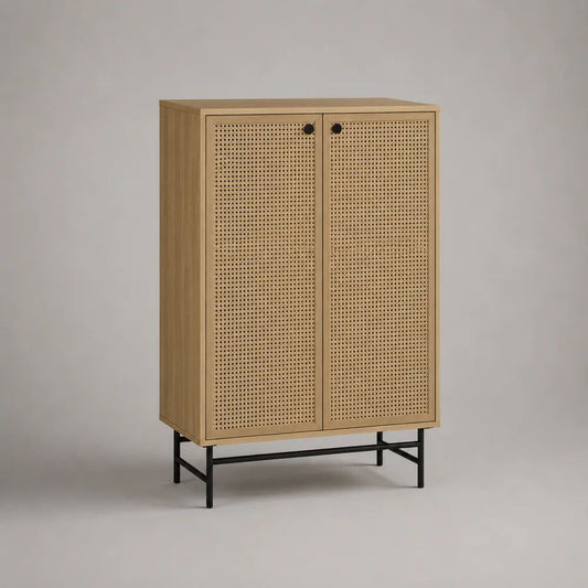 Credenza alta a 2 ante in MDF impiallacciato rovere, rattan naturale e acciaio nero, 80 x 40 x 120 cm