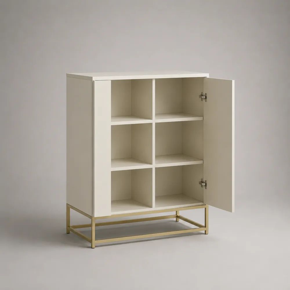 Credenza in MDF e metallo con 2 ante e 6 vani, bianco avorio e oro, 90 x 40 x 120 cm