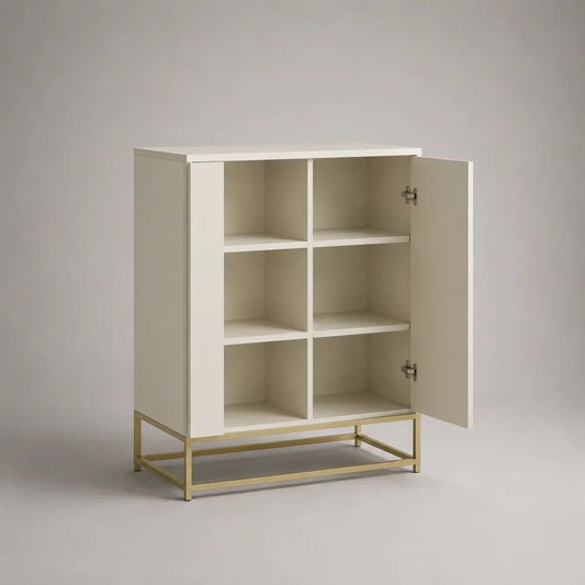 Credenza in MDF e metallo con 2 ante e 6 vani, bianco avorio e oro, 90 x 40 x 120 cm