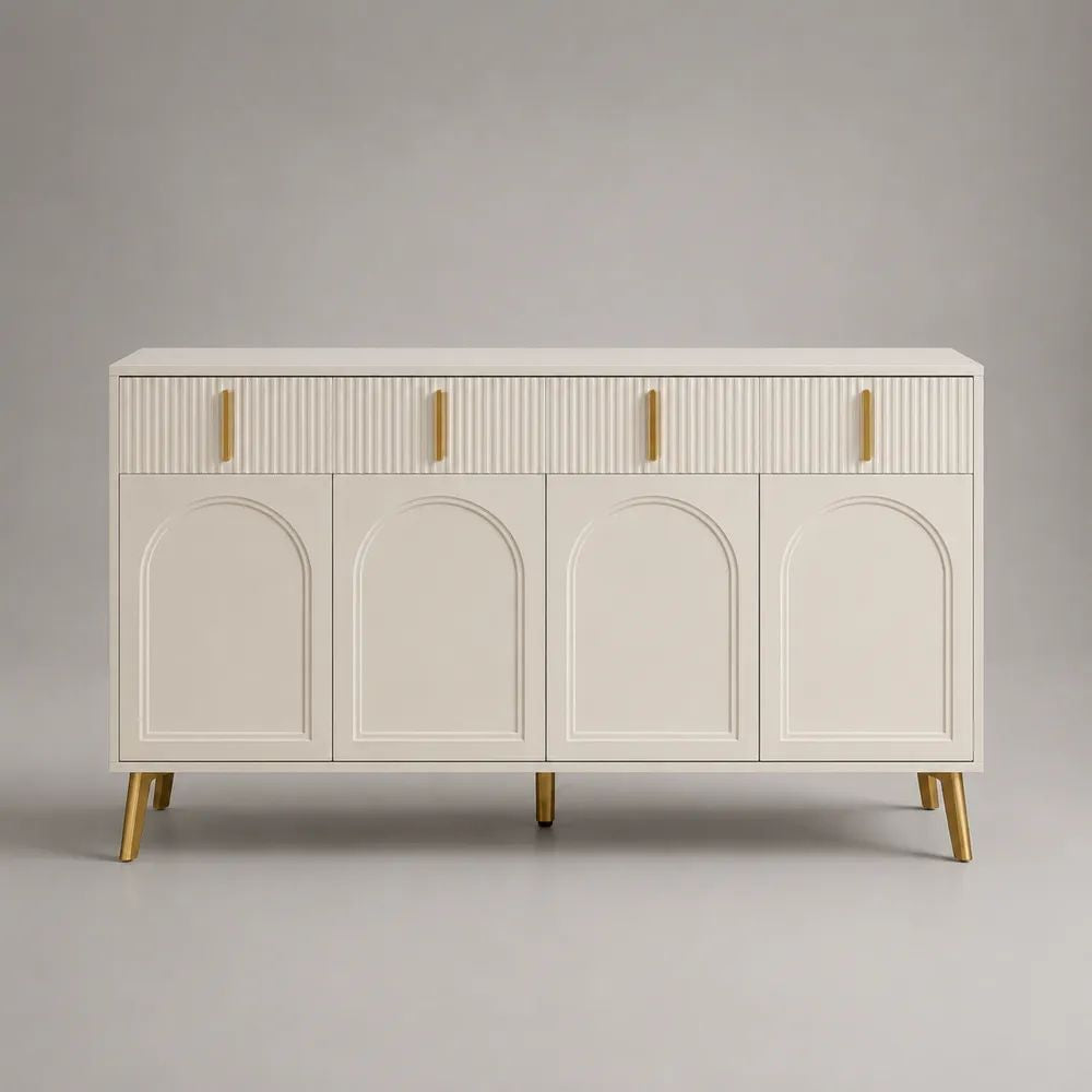 Credenza rettangolare a 4 ante e 4 cassetti in legno avorio con gambe in metallo dorato, 160 × 40 × 90 cm