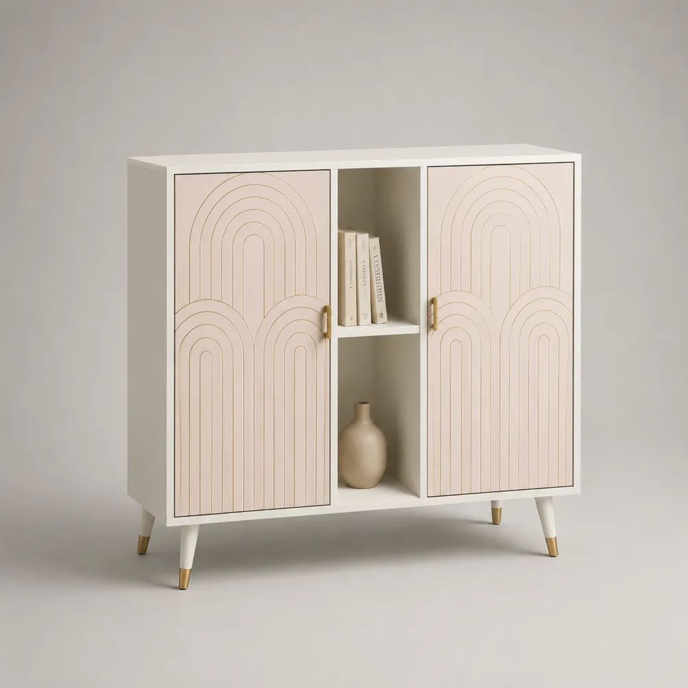 Credenza rettangolare in MDF con 2 ante e 2 vani aperti, bianco crema, beige rosato e oro, 100 x 40 x 110 cm