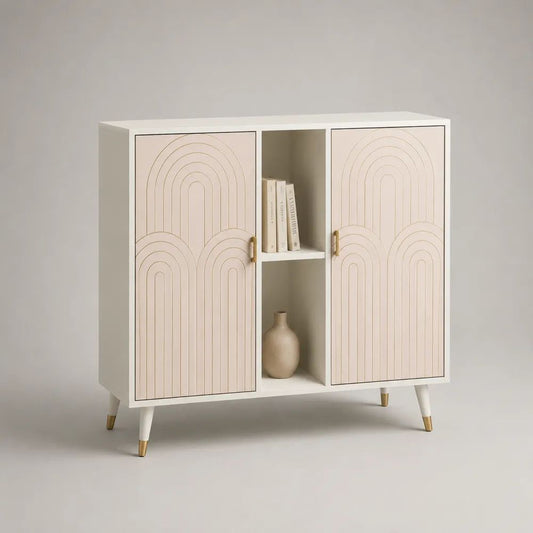 Credenza rettangolare in MDF con 2 ante e 2 vani aperti, bianco crema, beige rosato e oro, 100 x 40 x 110 cm